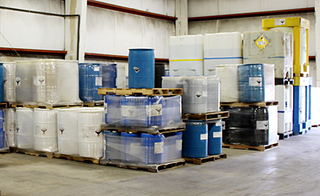 Water Treatment Chemicals in a Slack Chemical Company Warehouse